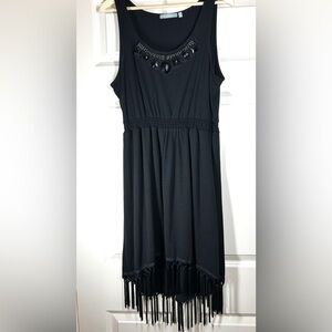 Women’s Black Y2K Fringe Beaded Whimsigoth Witchy Summer Vacation Dress Size L